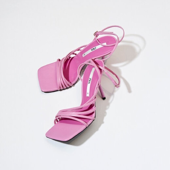 Zara Shoes - Zara Pink Strappy Square-Toe Stiletto Sandals
